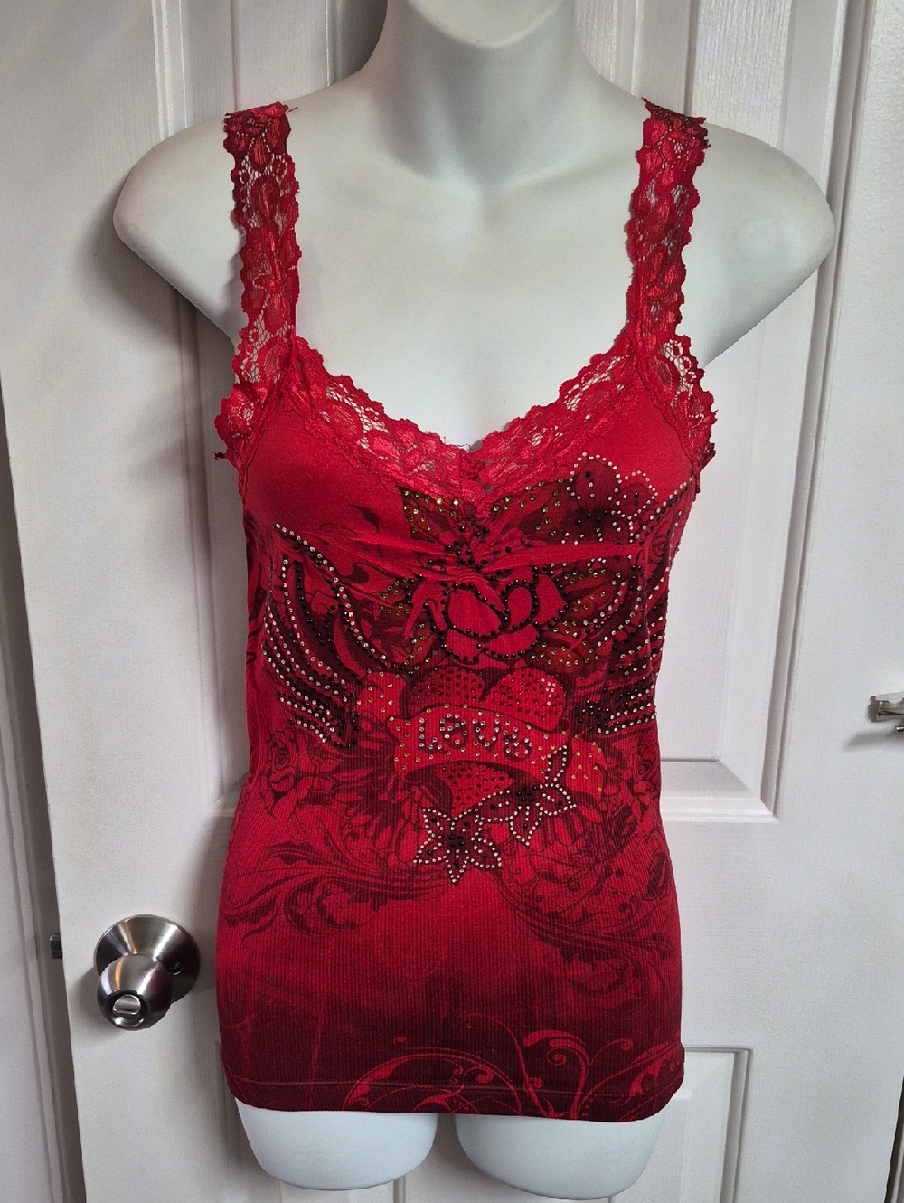 Red Lace Trim Tatoo Print Embellished Tank Top